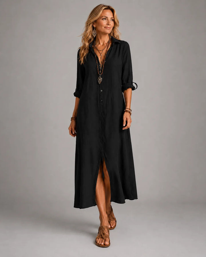 Czarna sukienka maxi w stylu bohemy z guzikami z przodu