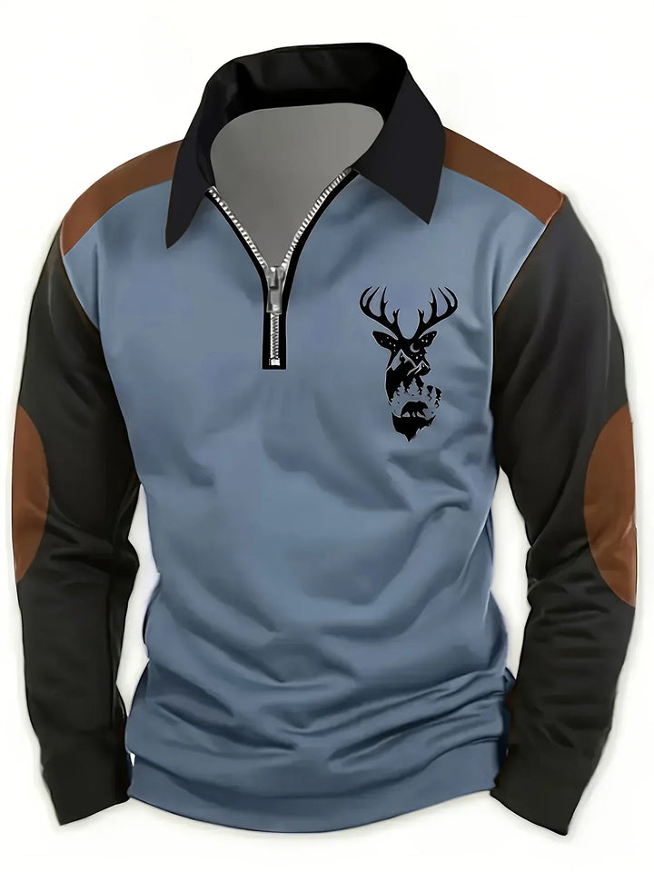 Sweter z motywem jelenia z półzamkiem